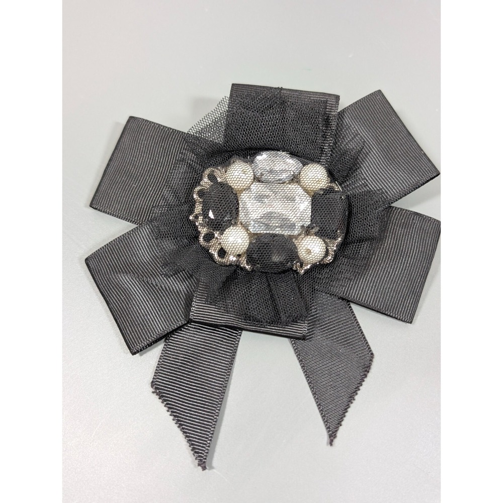 Vintage 90s Y2K Black Lace Rhinestone Ribbon Brooch Large Whimsigoth